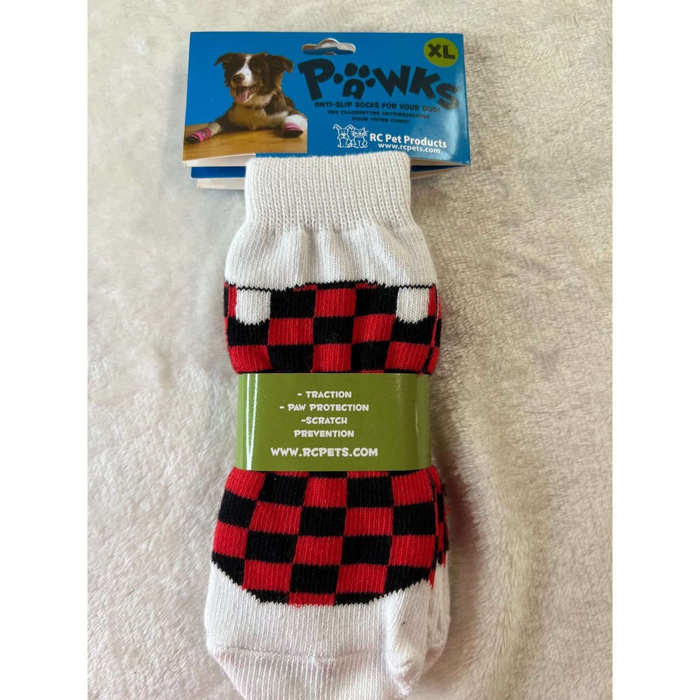 Pawks for Dogs Socks New White with Red Black Checkers XL